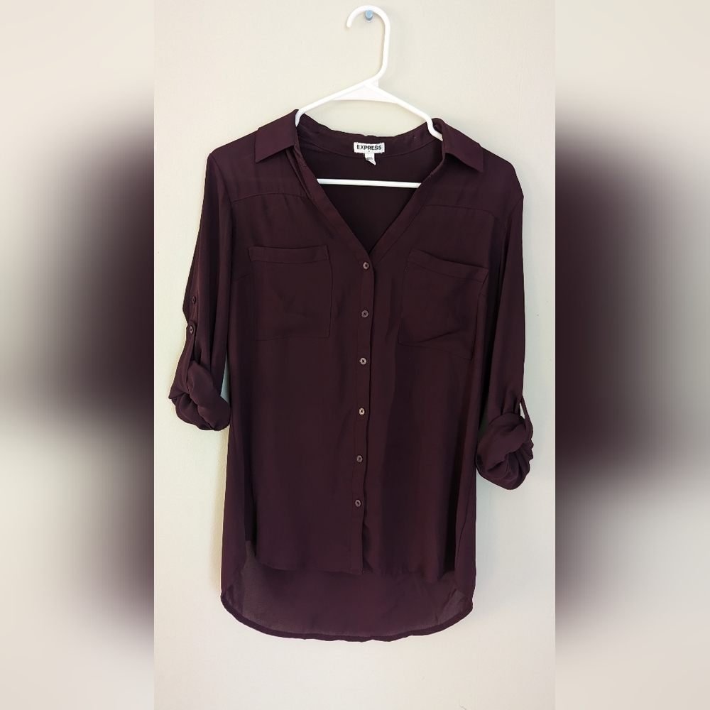 Deep Purple Maroon Long Sleeve Button Up Medium Express Blouse